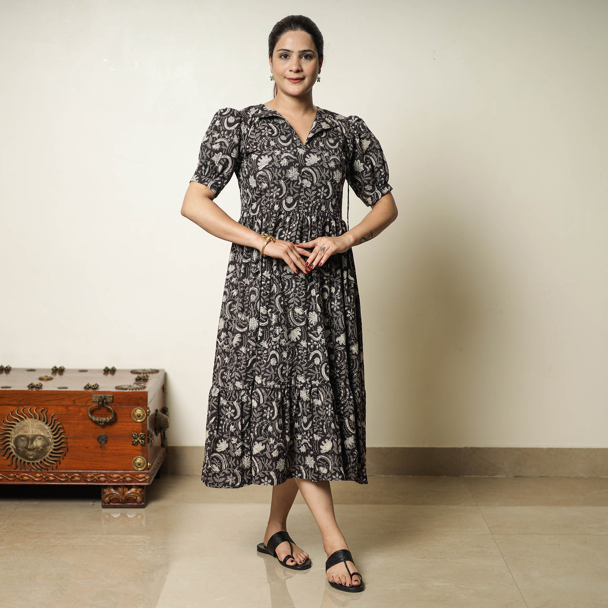 Black - Bagru Block Printed Cotton Tiered Dress 13