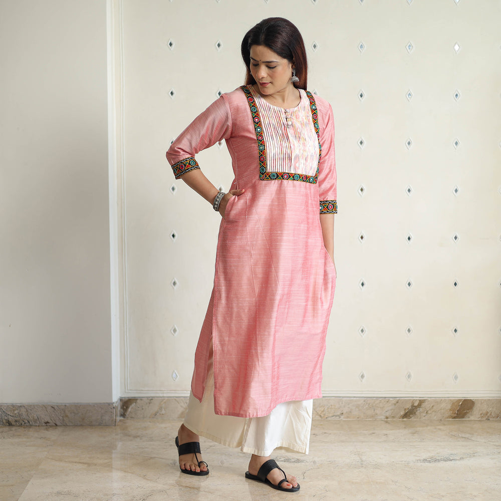 Light Pink - Plain Slub Silk Pintuck Long Straight Kurta with Ikat Patchwork 19