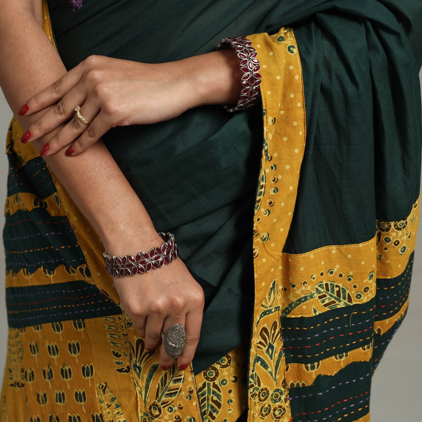 Green - Applique Patchwork Mul Cotton Tagai Ajrakh Saree 04