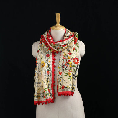 Ranihati Chanderi Silk Hand Embroidered Stole with Pom Pom 200