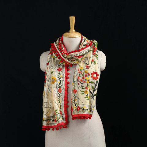 Ranihati Chanderi Silk Hand Embroidered Stole with Pom Pom 200