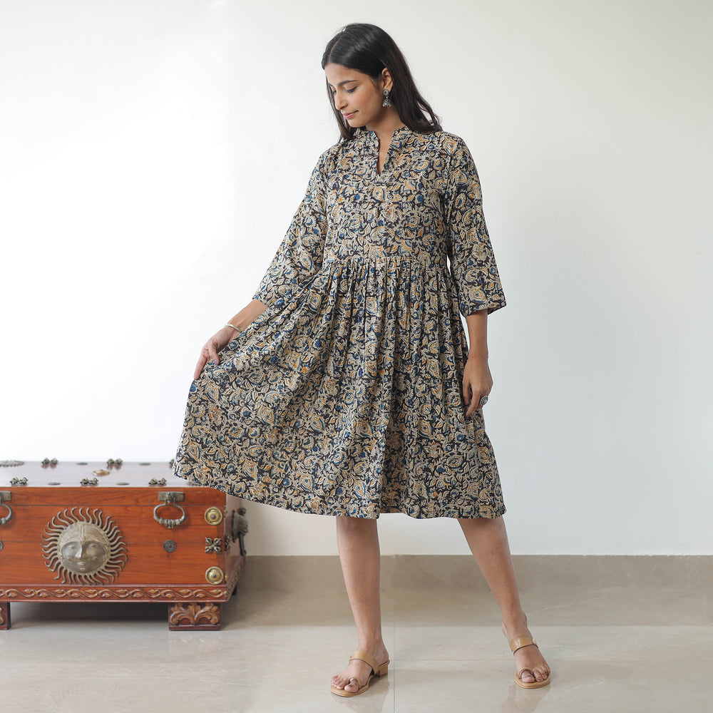 Multicolor - Pedana Kalamkari Block Printed Cotton Flared Dress 04