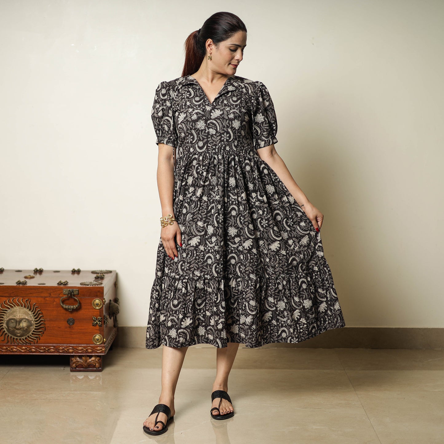 Black - Bagru Block Printed Cotton Tiered Dress 13