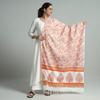 Orange - Sanganeri Block Printed Handloom Mulberry Silk Dupatta with Tassels 33