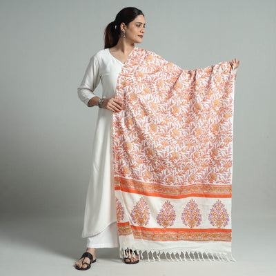 Orange - Sanganeri Block Printed Handloom Mulberry Silk Dupatta with Tassels 33