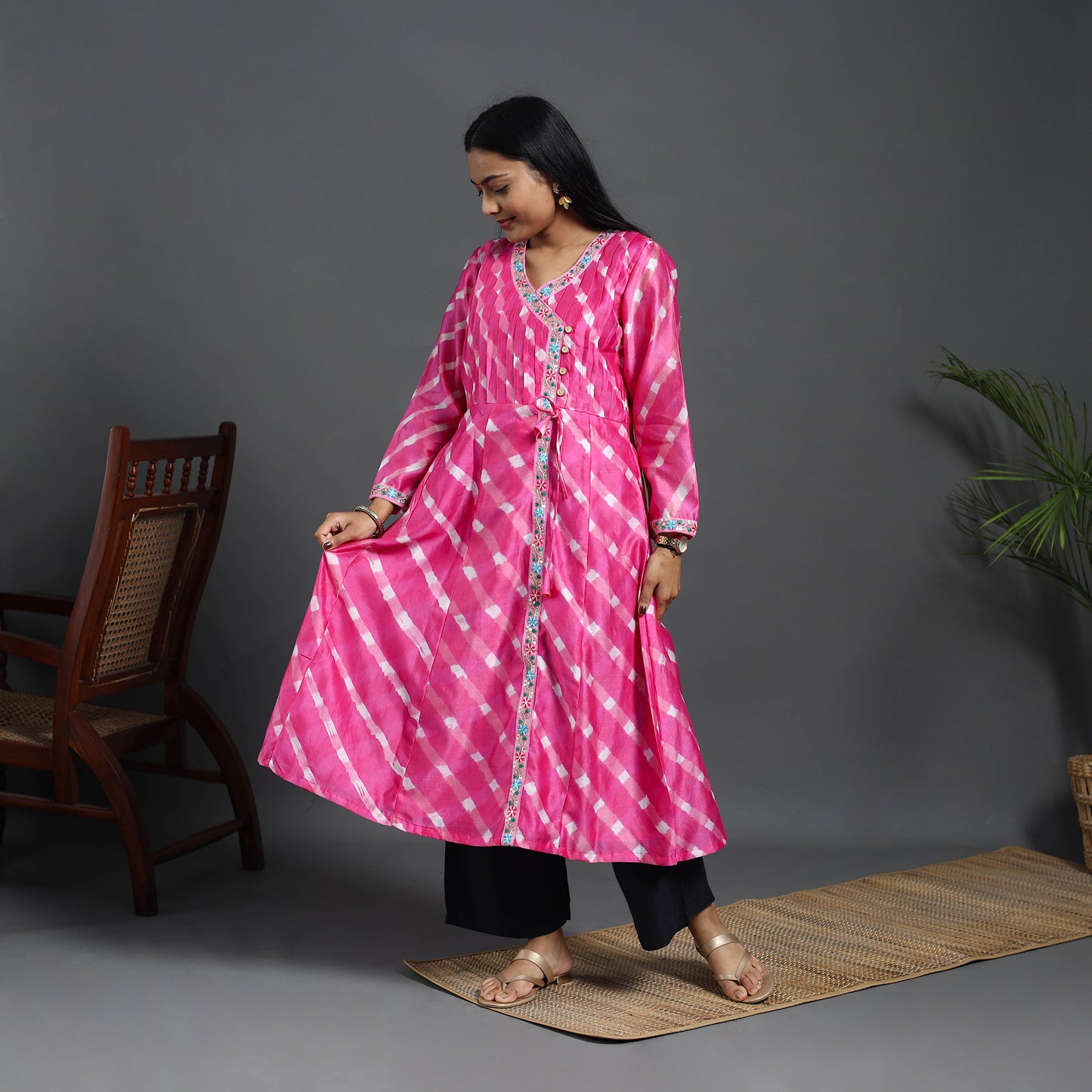 Chanderi Silk A-Line Lacework Tie-Dye Leheriya Kurta 14