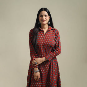 Ajrakh Hand Block Print Natural Dyed Cotton Button Down A-Line Long Kurta for women 02