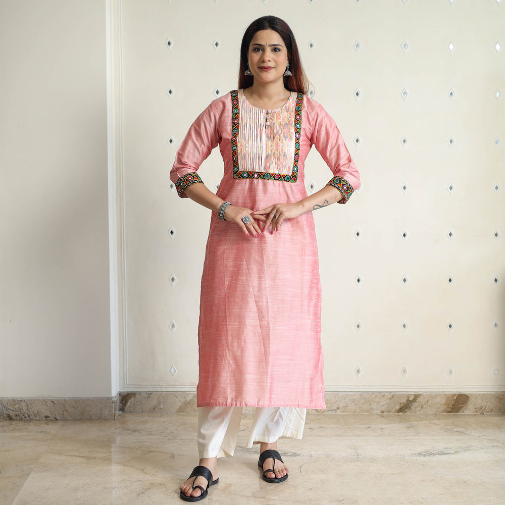 Light Pink - Plain Slub Silk Pintuck Long Straight Kurta with Ikat Patchwork 19