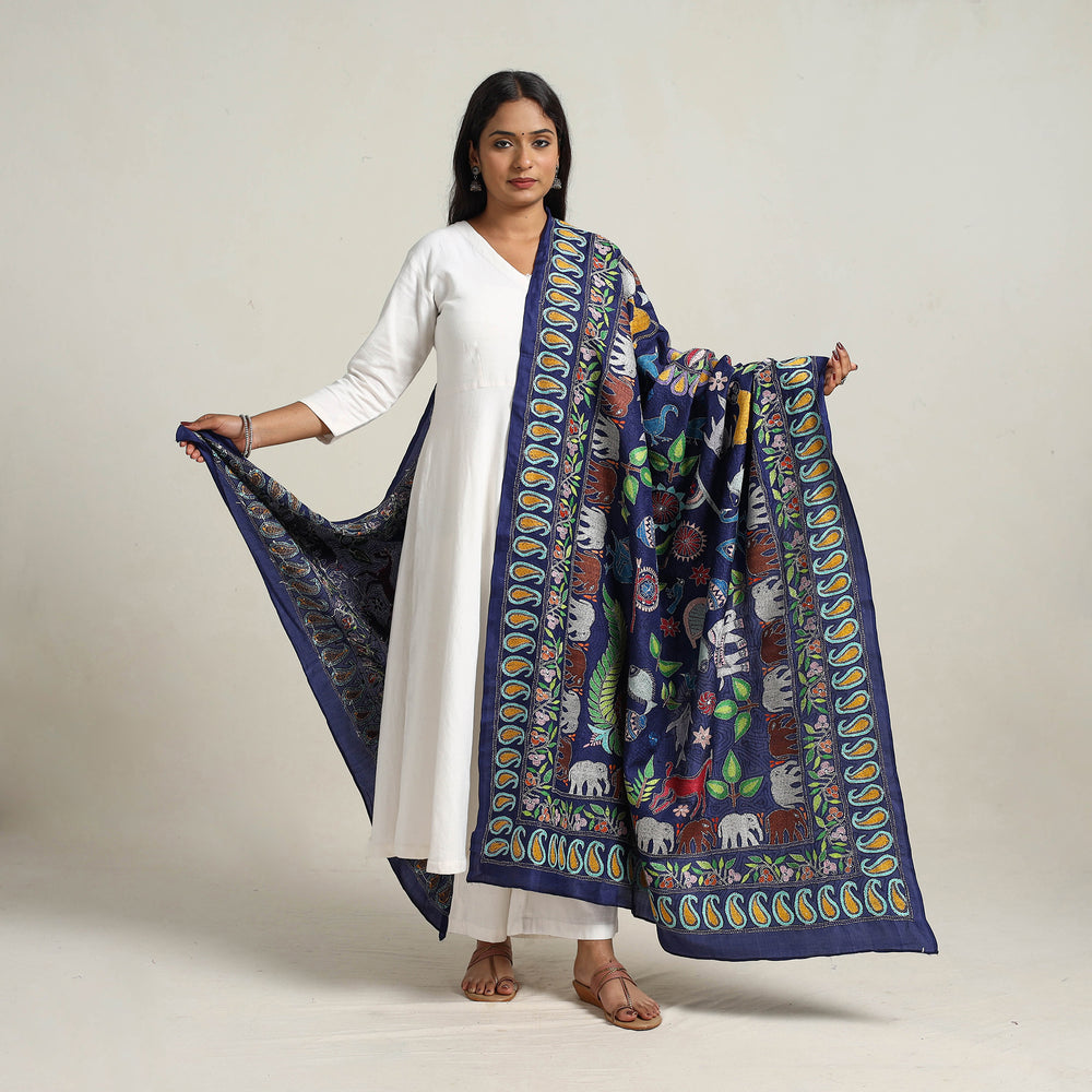 Blue - Bengal Handloom Silk Kantha Embroidery Dupatta 14