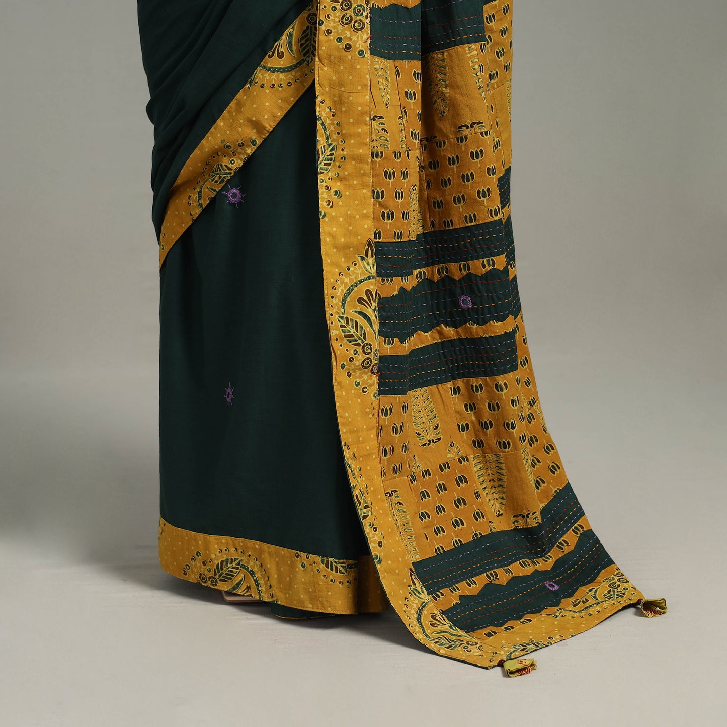 Green - Applique Patchwork Mul Cotton Tagai Ajrakh Saree 04