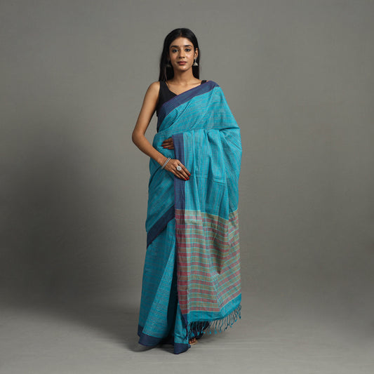 Blue - Bazaar Checks Cotton Handloom Saree 44