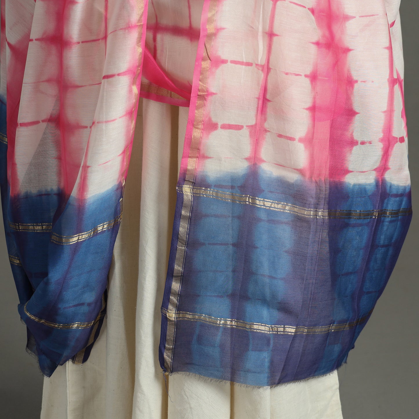 Pink - Shibori Tie-Dye Handloom Chanderi Silk Dupatta with Zari Border 56