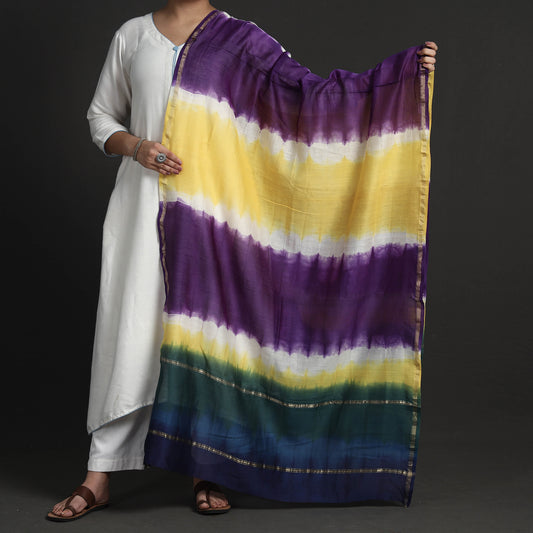 Multicolor - Exclusive!! Handloom Shibori Tie-Dye Chanderi Silk Dupatta with Zari Border