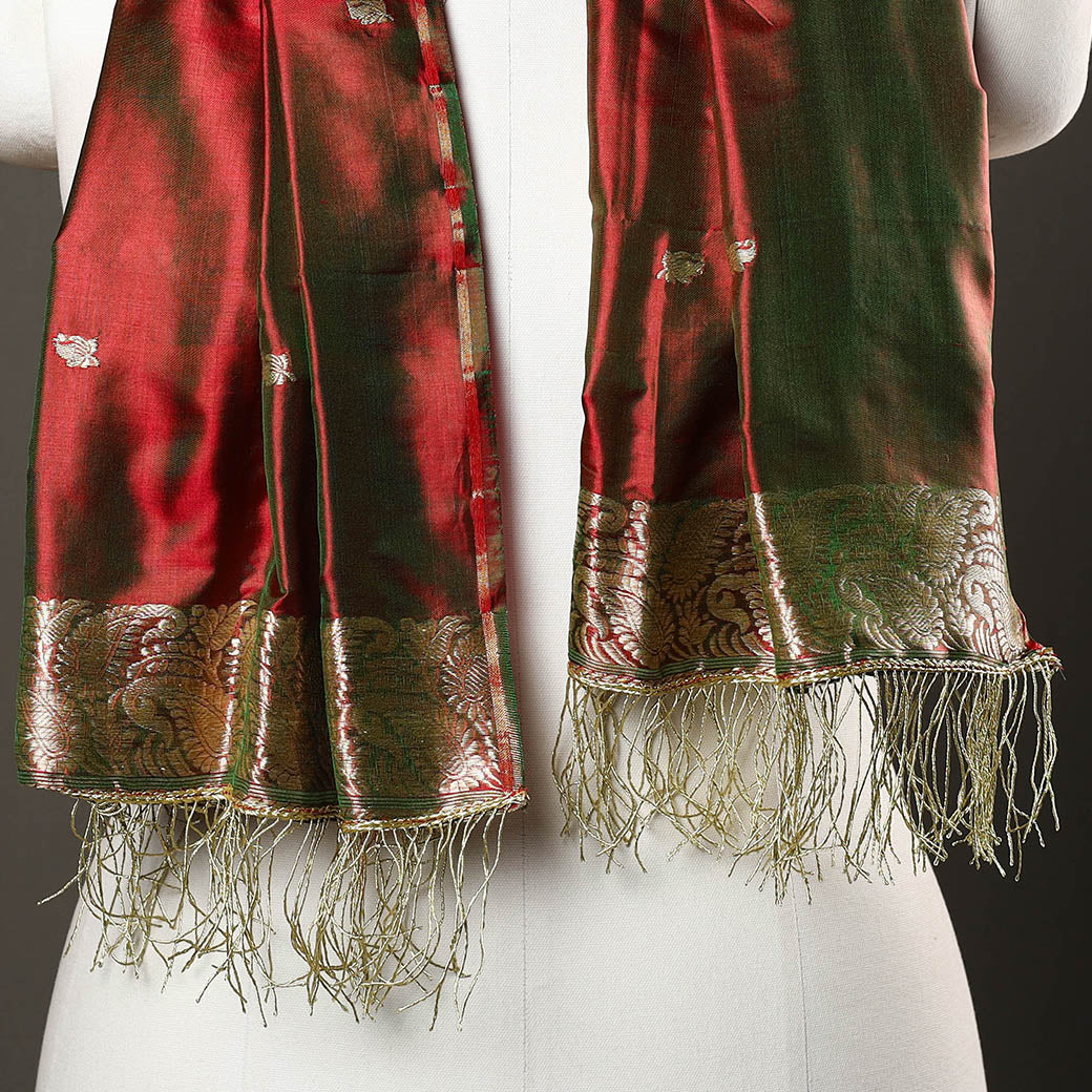 Maroon - Brocade Handloom Pure Silk Banarasi Stole with Tassels 04