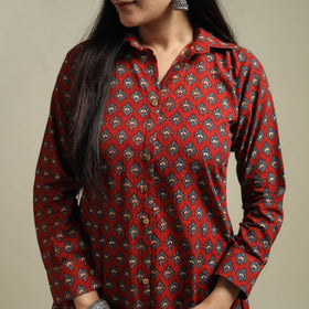 Ajrakh Hand Block Print Natural Dyed Cotton Button Down A-Line Long Kurta for women 02