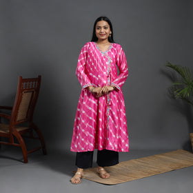 Pink - chanderi silk a-line lacework tie-dye leheriya kurta