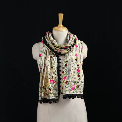 Ranihati Chanderi Silk Hand Embroidered Stole with Pom Pom 201