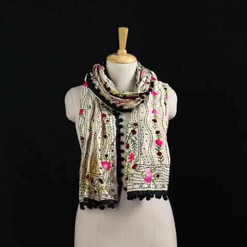 Ranihati Chanderi Silk Hand Embroidered Stole with Pom Pom 201