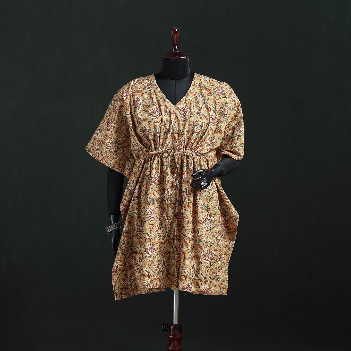 Beige - Kalamkari Hand Block Print Natural Dyed Cotton Kaftan (Short) 25