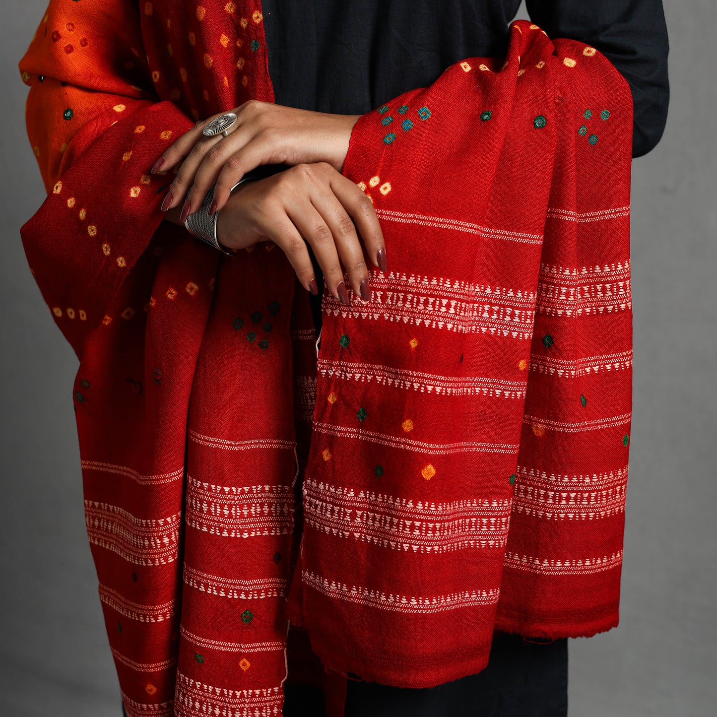 Red - Kutch Mirror Work Handwoven Bandhani Bagida Woolen Shawl 05