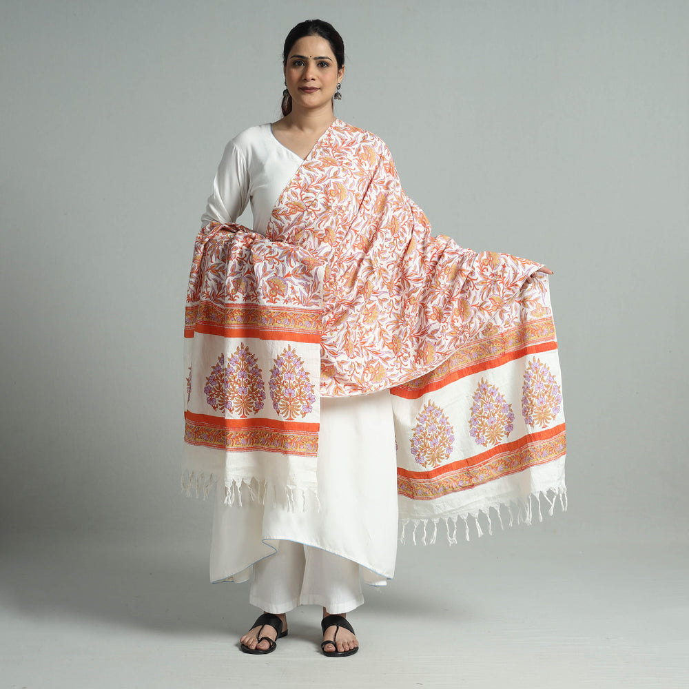 Orange - Sanganeri Block Printed Handloom Mulberry Silk Dupatta with Tassels 33