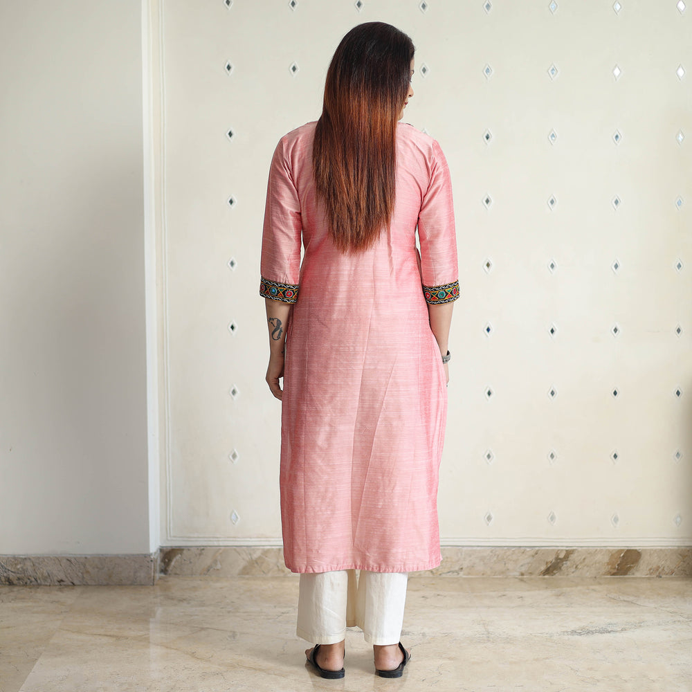 Light Pink - Plain Slub Silk Pintuck Long Straight Kurta with Ikat Patchwork 19