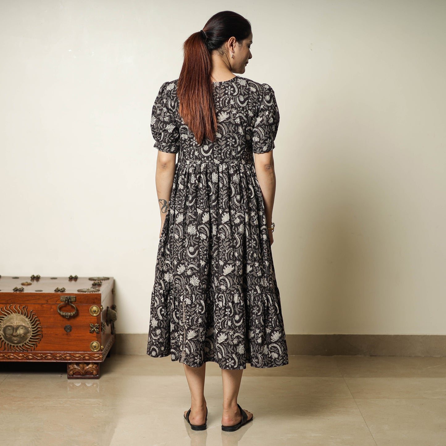 Black - Bagru Block Printed Cotton Tiered Dress 13