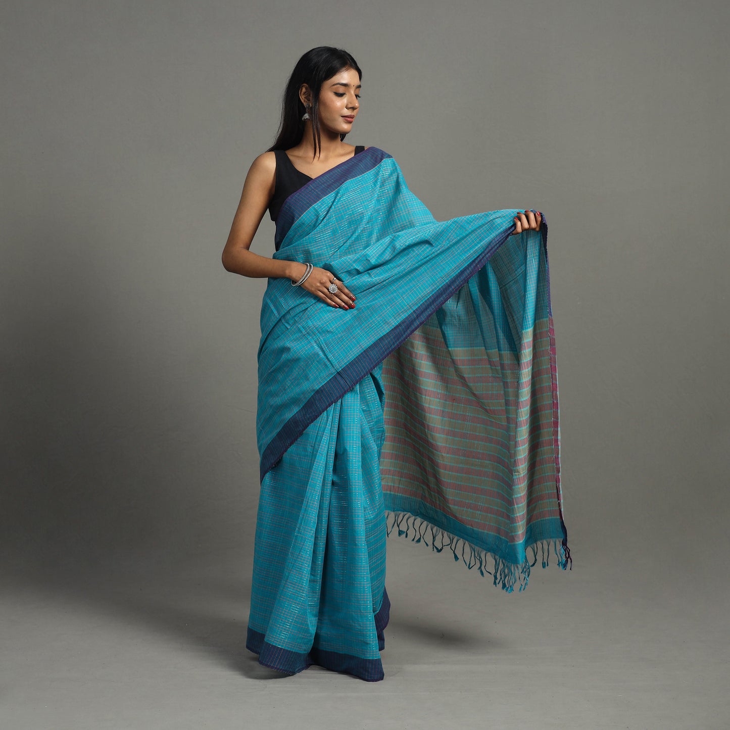 Blue - Bazaar Checks Cotton Handloom Saree 44