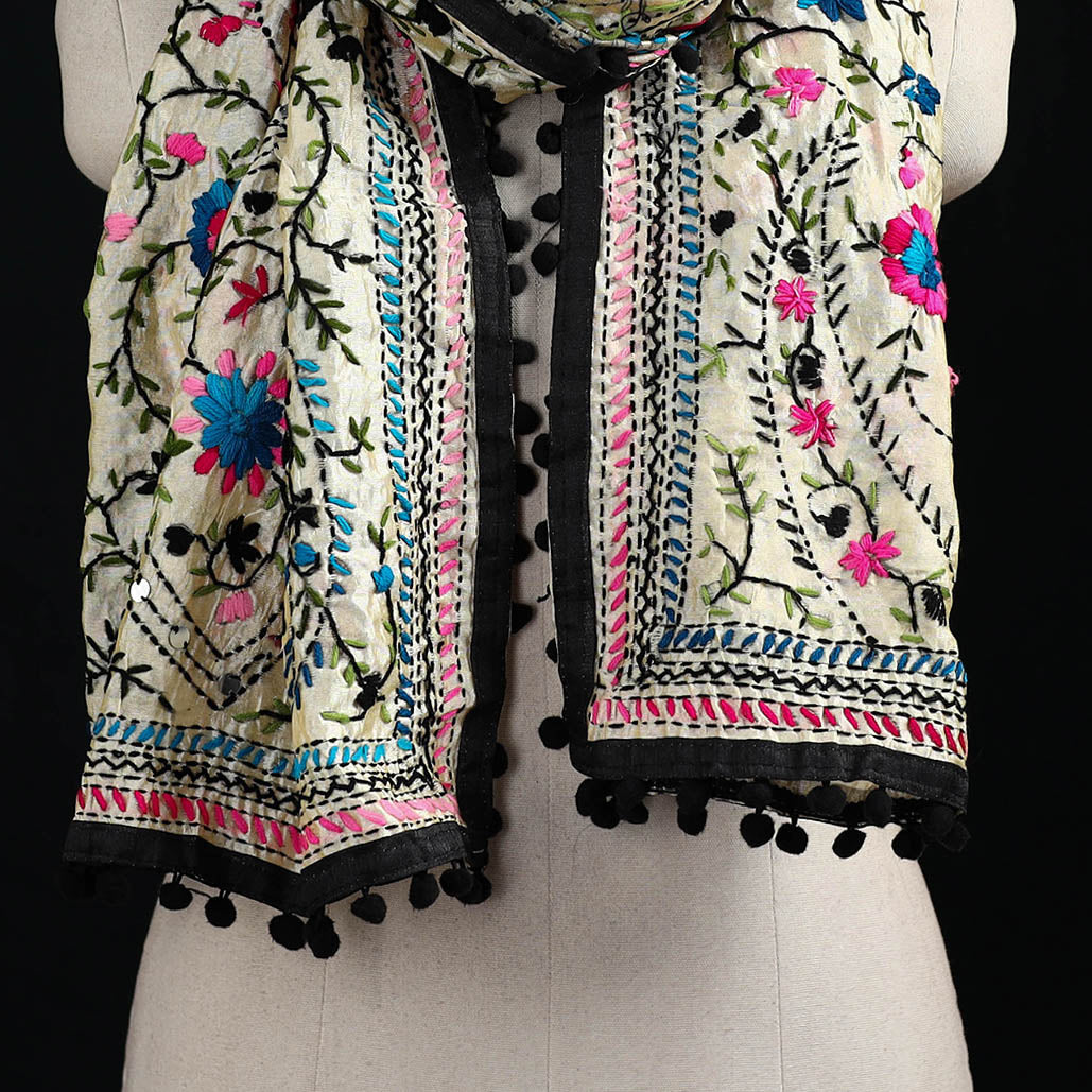 Ranihati Chanderi Silk Hand Embroidered Stole with Pom Pom 202