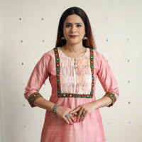 Light Pink - Plain Slub Silk Pintuck Long Straight Kurta with Ikat Patchwork 19