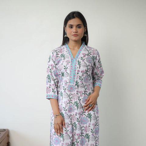 White - Block Print Cotton Straight Sanganeri Kurta 11