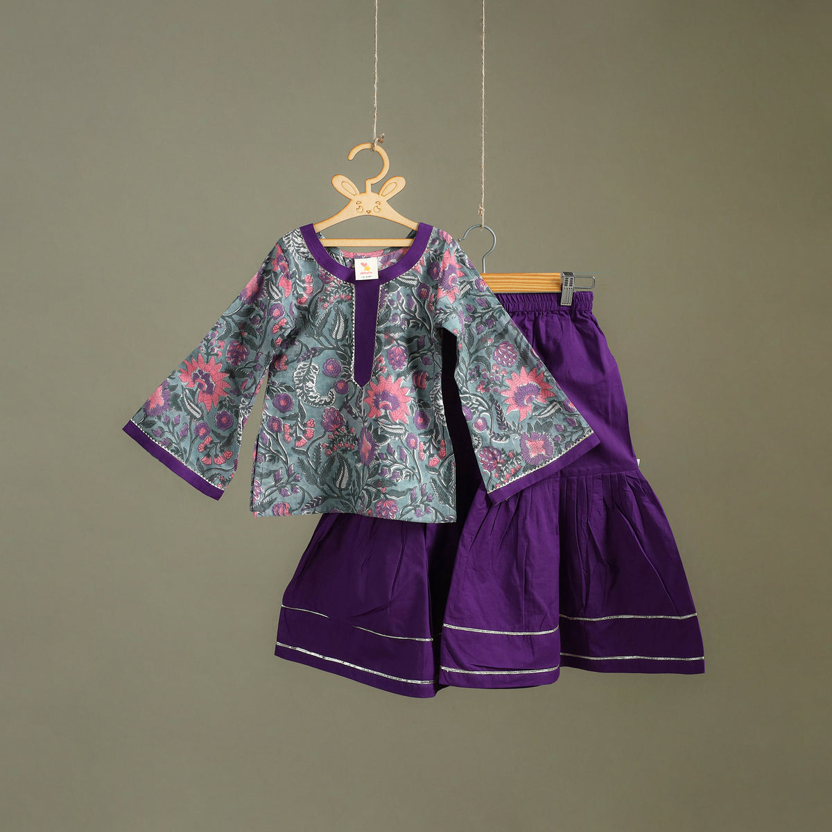 Girls Gota Work Floral Block Print Cotton Kurta with Sharara Set (3-4 Years) 32