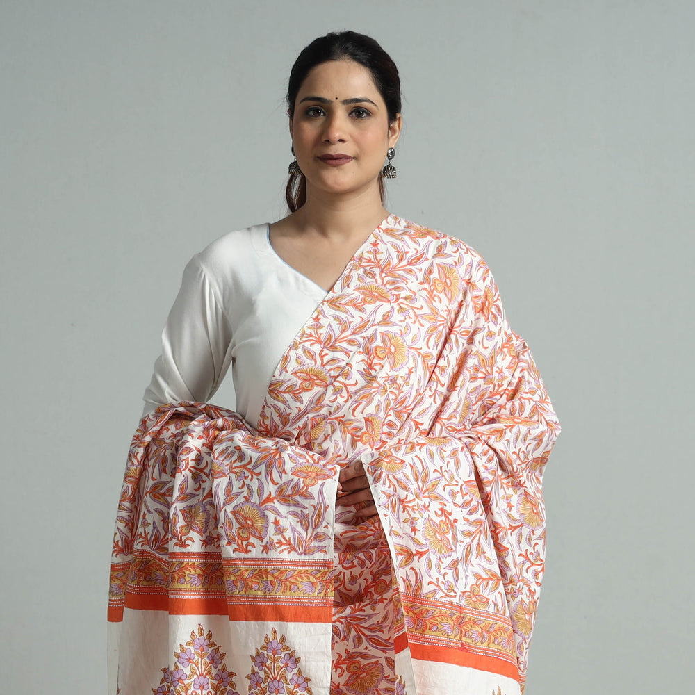 Orange - Sanganeri Block Printed Handloom Mulberry Silk Dupatta with Tassels 33