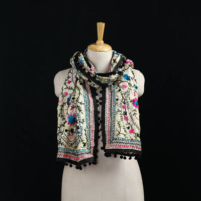 Ranihati Chanderi Silk Hand Embroidered Stole with Pom Pom 202