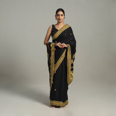 Black - Applique Patchwork Mul Cotton Tagai Ajrakh Saree 05