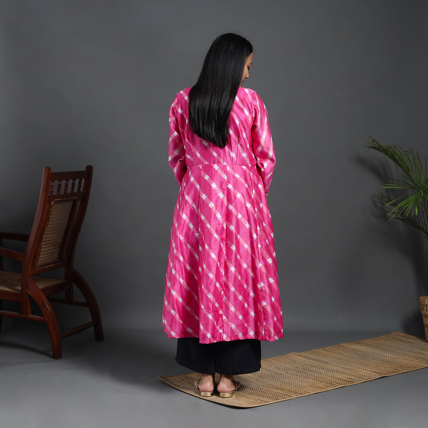 Chanderi Silk A-Line Lacework Tie-Dye Leheriya Kurta 14