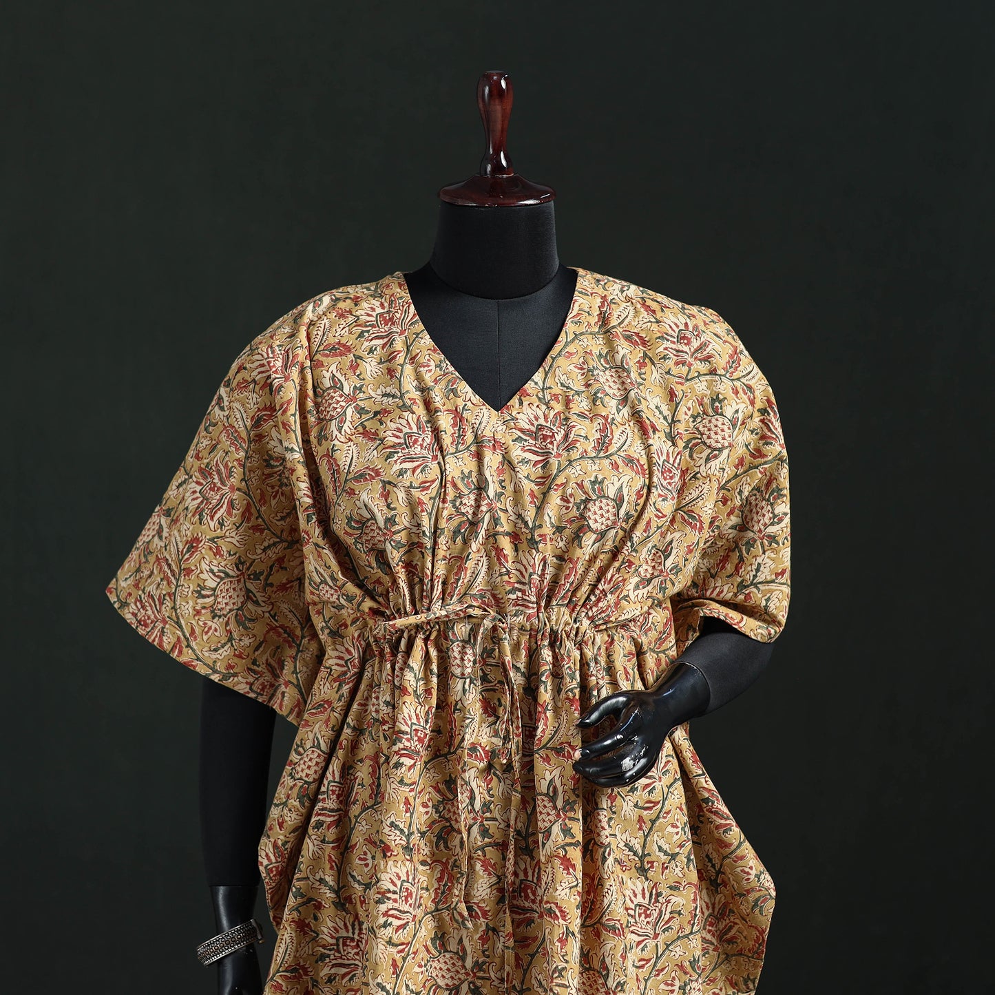 Beige - Kalamkari Hand Block Print Natural Dyed Cotton Kaftan (Short) 25