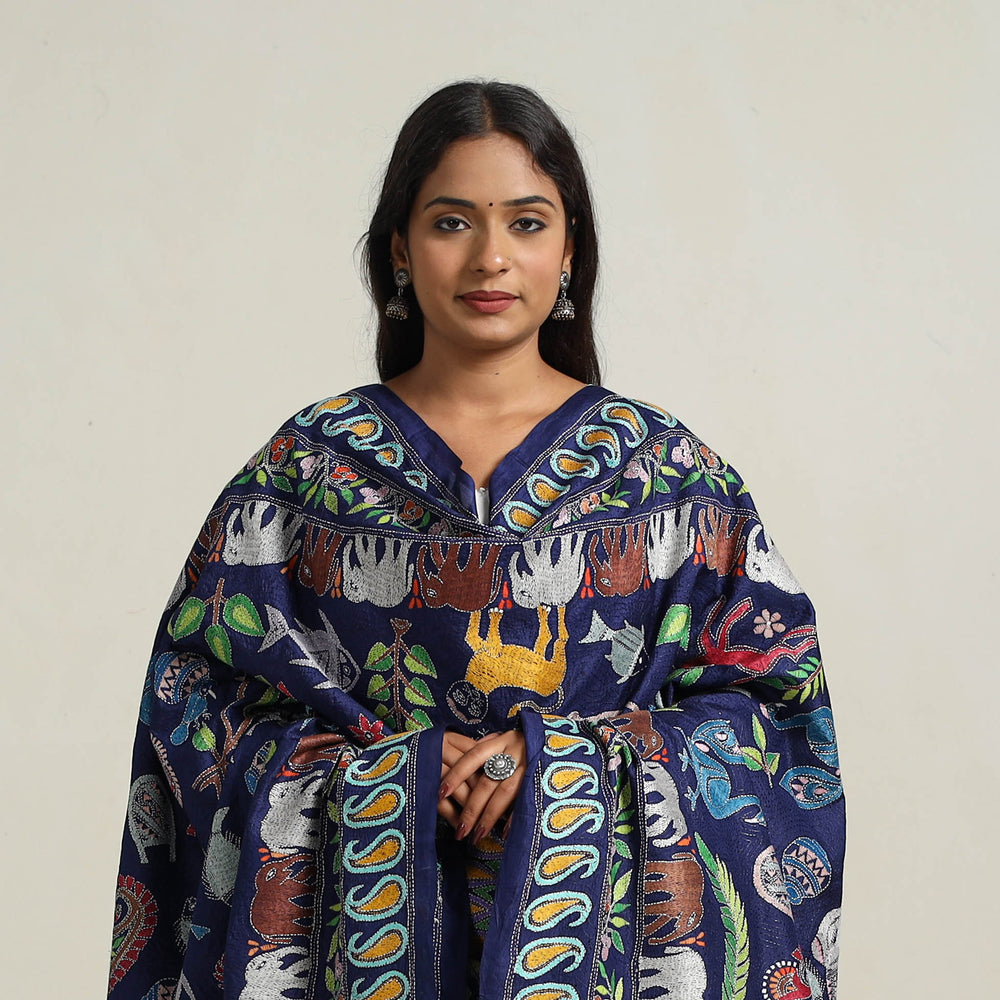 Blue - Bengal Handloom Silk Kantha Embroidery Dupatta 14