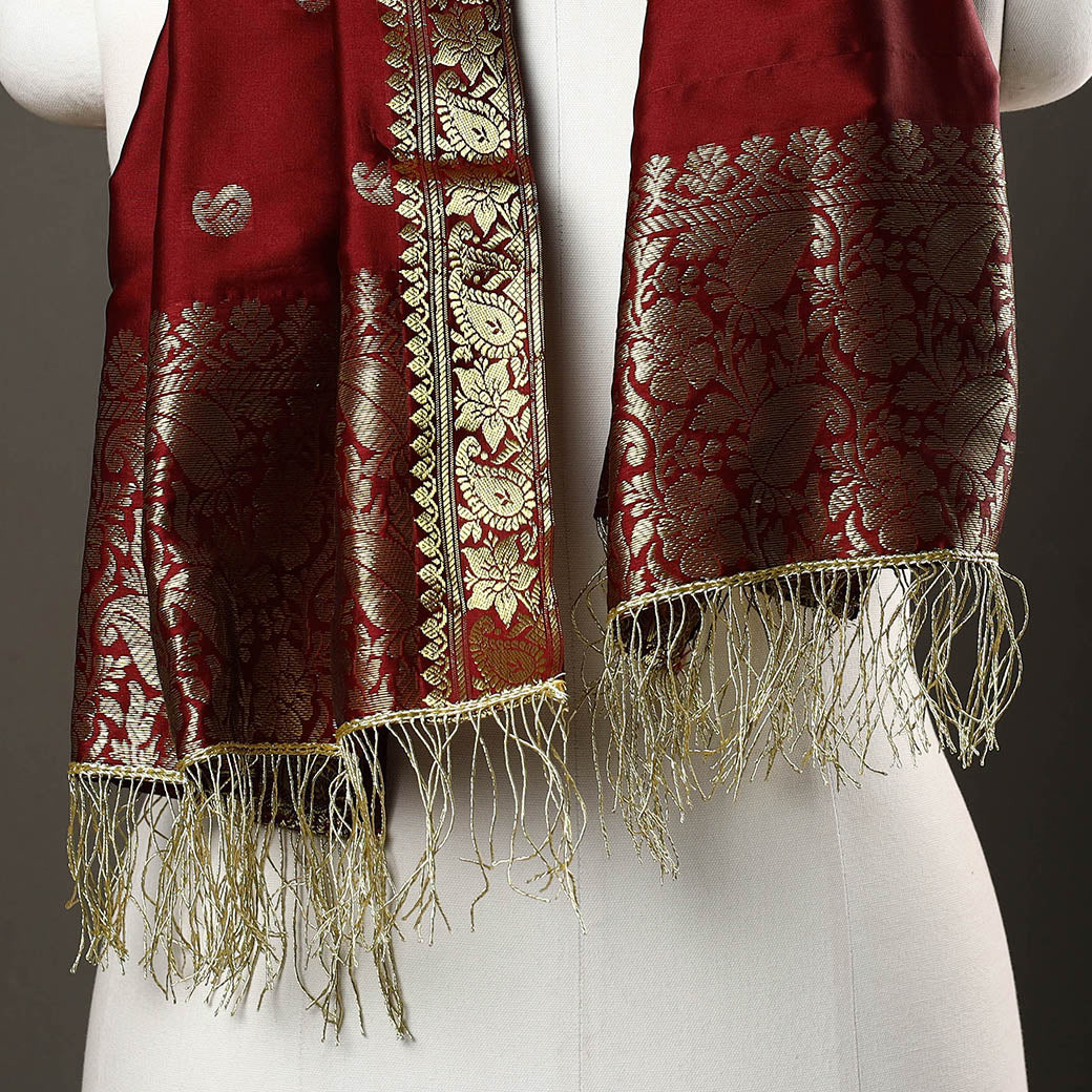 Maroon - Brocade Handloom Silk Nakshi Buti Banarasi Stole with Tassels 32