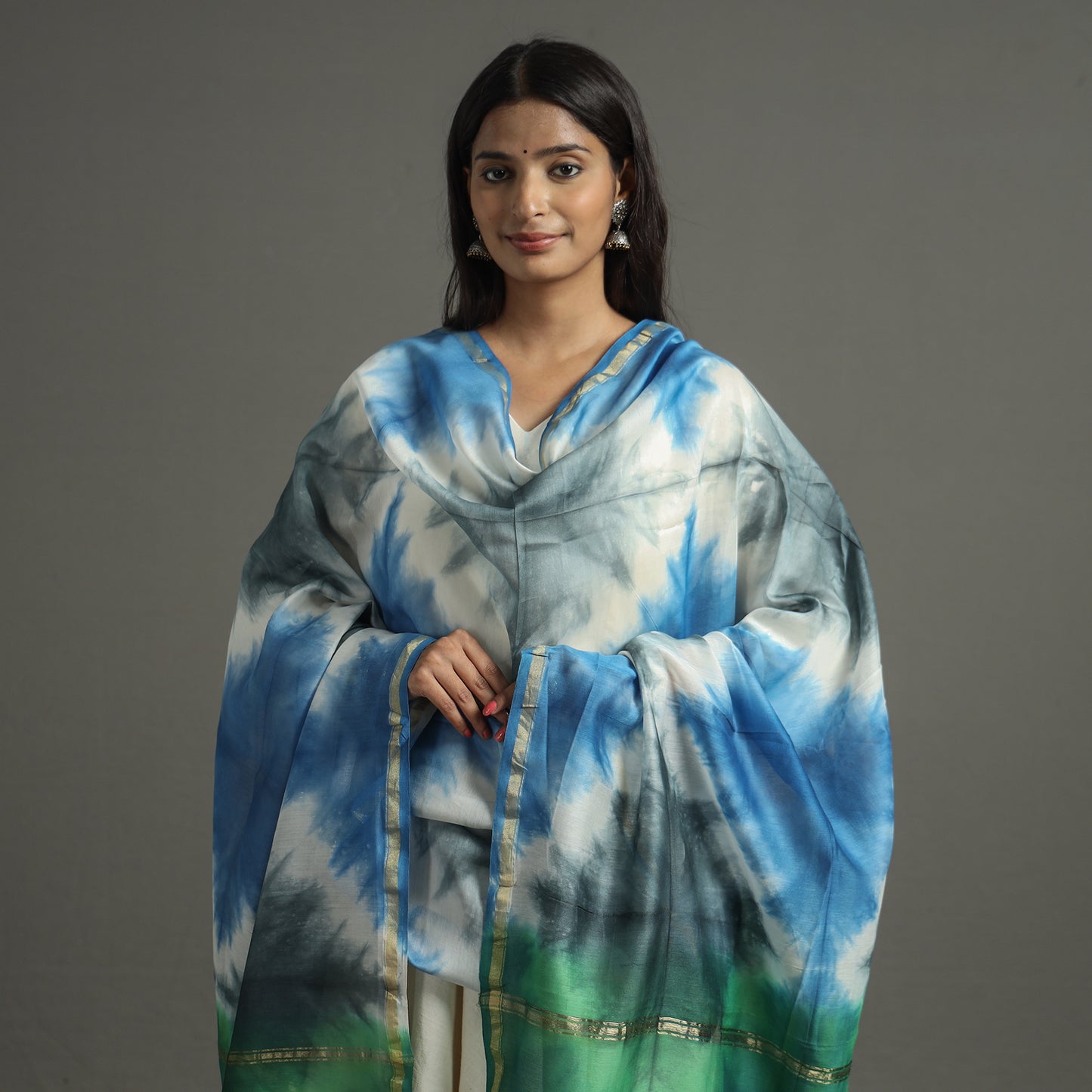 Multicolor - Shibori Tie-Dye Handloom Chanderi Silk Dupatta with Zari Border 57