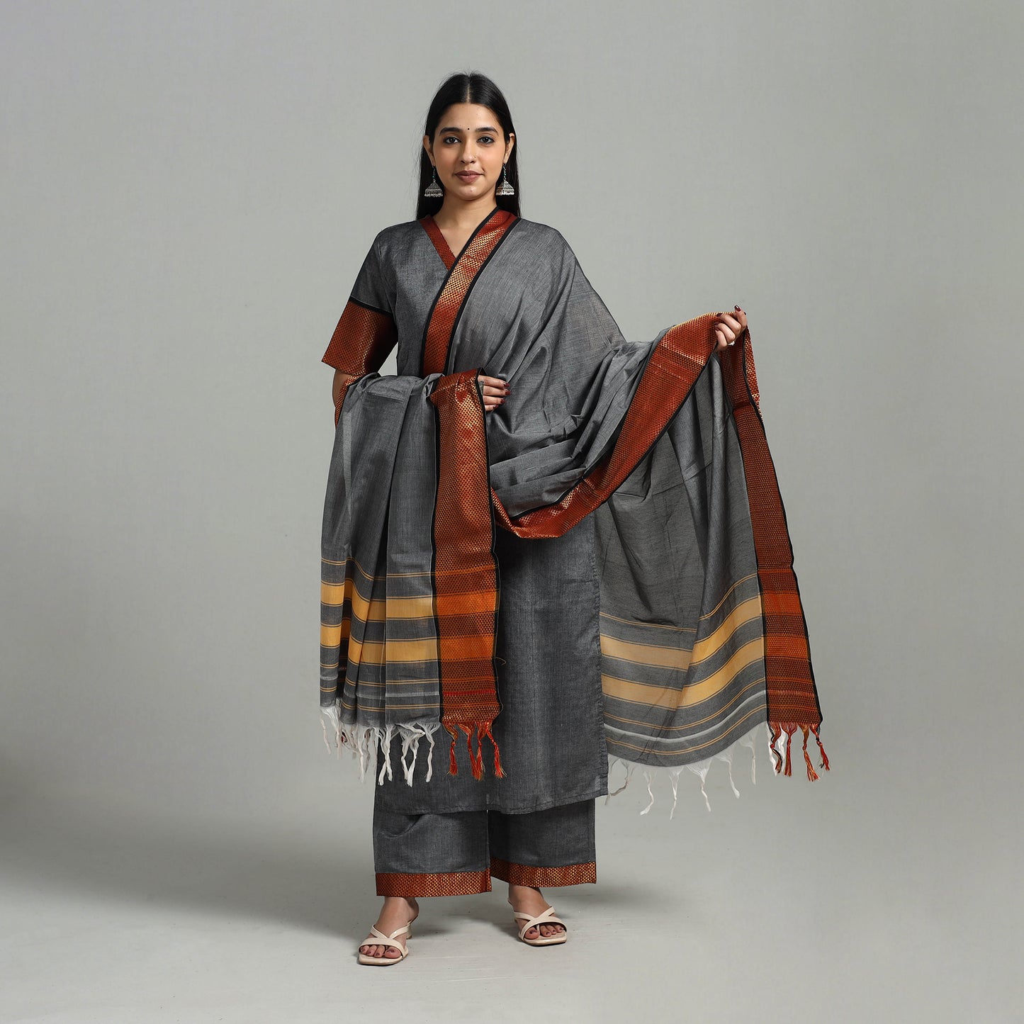 Grey - Cotton Dharwad Kurta Set with Palazzo & Dupatta 14