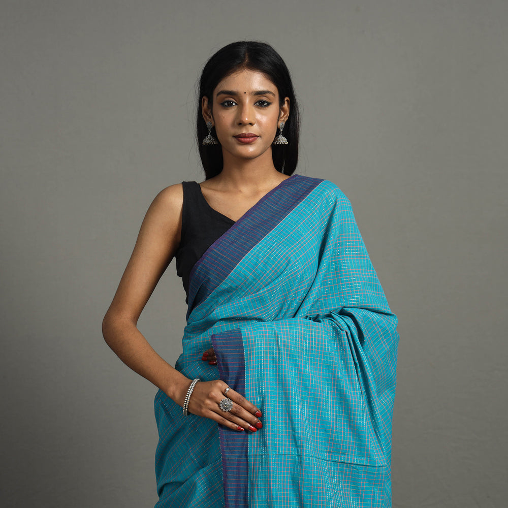 Blue - Bazaar Checks Cotton Handloom Saree 44