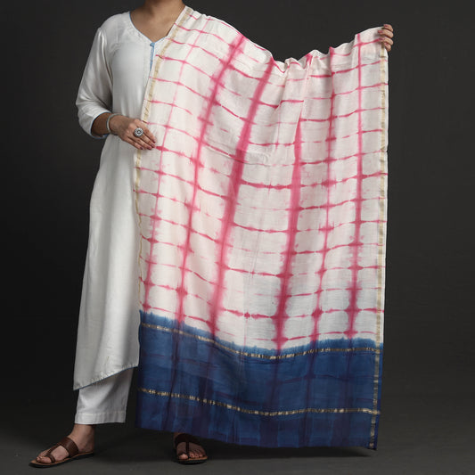 Pink - Exclusive!! Handloom Shibori Tie-Dye Chanderi Silk Dupatta with Zari Border