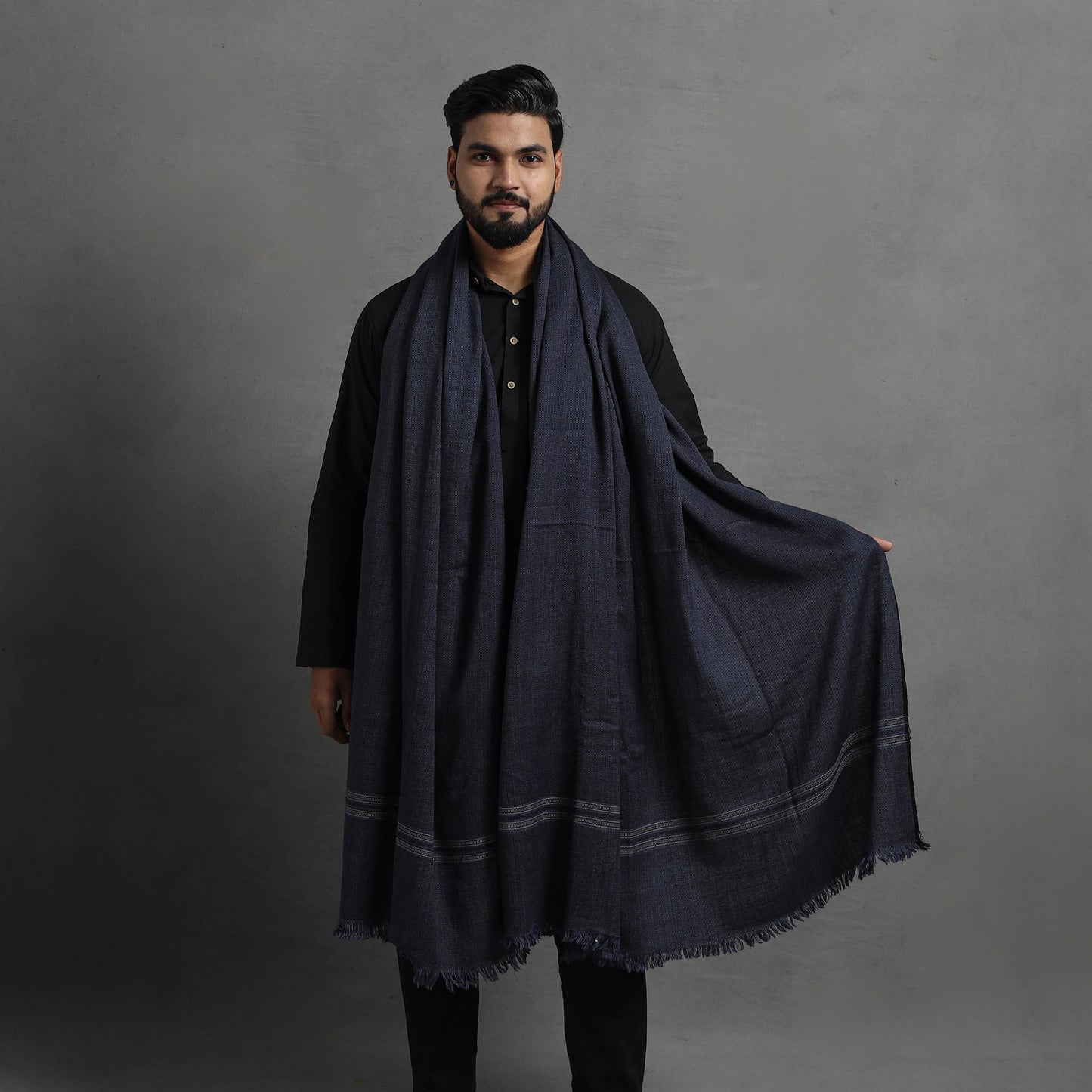 Black - Kumaun Handwoven Pure Merino Wool Shawl for Men 01