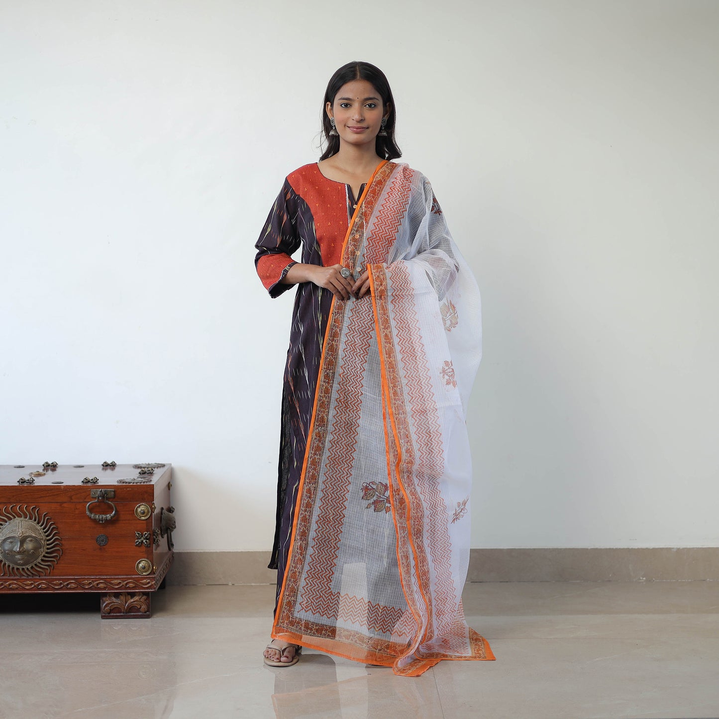 Black - Handloom Cotton Pochampally Ikat Kurta Set with Dupatta 03