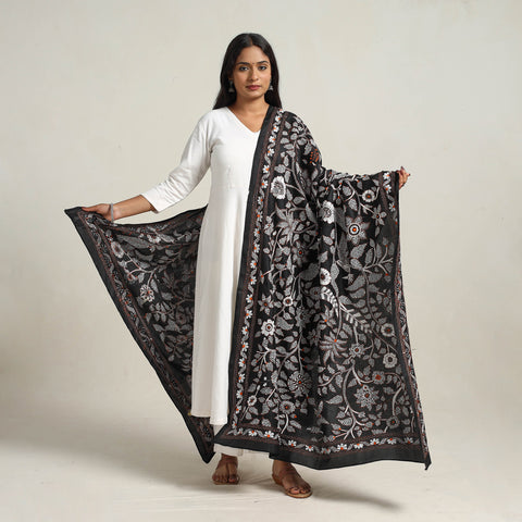 Beige - Bengal Handloom Silk Kantha Embroidery Dupatta 15