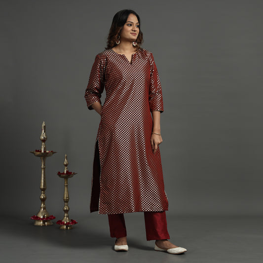 Maroon - Elegant Banarasi Brocade Silk Kurta with Pant Set