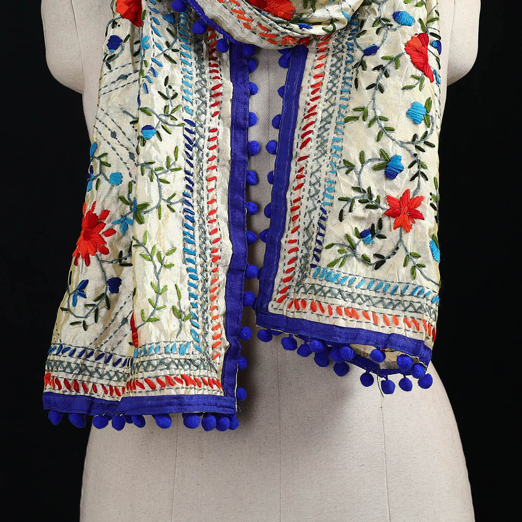 Ranihati Chanderi Silk Hand Embroidered Stole with Pom Pom 204