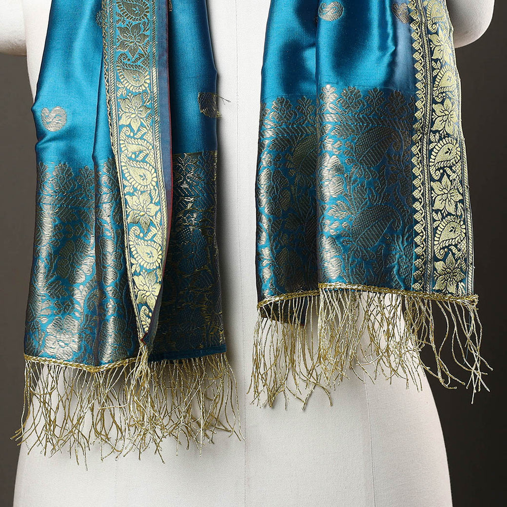 Blue - Brocade Handloom Silk Nakshi Buti Banarasi Stole with Tassels 29