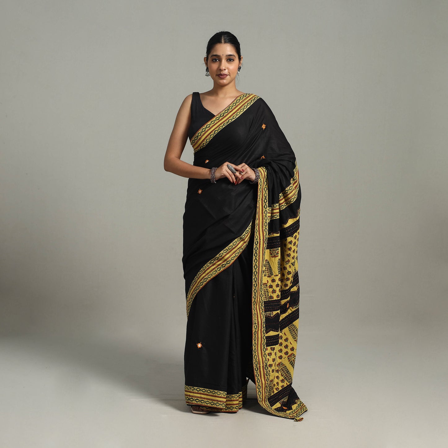 Black - Applique Patchwork Mul Cotton Tagai Ajrakh Saree 05